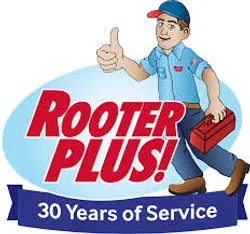 Rooter Plus logo with cartoon plumber holding toolbox and thumbs up, celebrating 30 years of service.