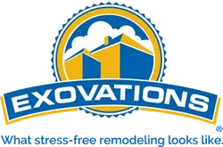 Blue and yellow Exovations logo with houses and tagline about stress-free remodeling under a clouded sky.
