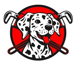 Cartoon Dalmatian dog with a playful expression set against a bold red background with dog accessory elements.