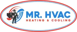 Mr. HVAC logo with heating and cooling icons and text in blue and red within an oval frame