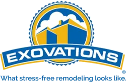 Exovations logo with blue and yellow building graphic and tagline What stress-free remodeling looks like.