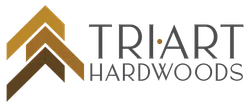 TriArt Hardwoods logo with three stylized brown wood planks forming an upward arrow beside the company name