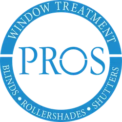 Blue circular logo with text PROS in center and window treatment services around edge