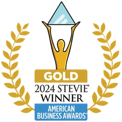 Gold 2024 Stevie Award winner emblem with laurel wreath and blue triangle held by a golden figure.