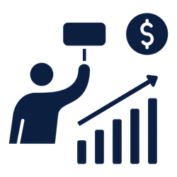 Icon of person holding sign with upward bar chart and dollar symbol representing financial growth