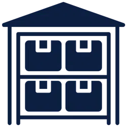 Icon of warehouse storage with four boxed packages on two shelves inside a building structure