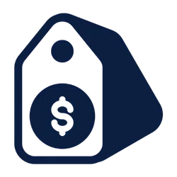 Dark blue price tag icon with a dollar sign symbol on a transparent background