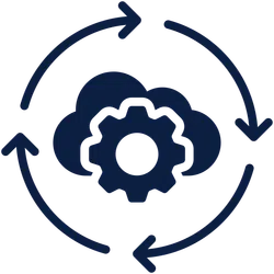 Cloud computing gear icon in center with circulating arrows symbolizing automation and continuous integration process.