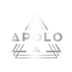 Metallic silver Apollo logo with stylized triangular and linear geometric shapes on black background