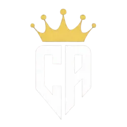 White stylized CA letters with a gold crown above on a black background.