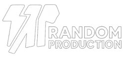 White Random Production logo with stylized letters RP and bold text on a transparent background.