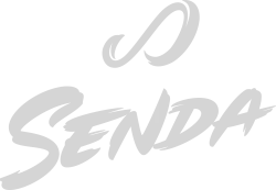 Senda logo in gray script letters on transparent background