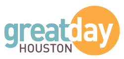 Great Day Houston logo with blue and black text and an orange circle background