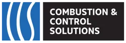 Logo for Combustion & Control Solutions with stylized white flames on blue background and bold text.