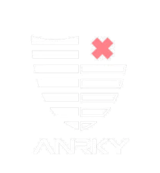 White shield logo with horizontal lines and a red X above the brand name ANRKY on black background
