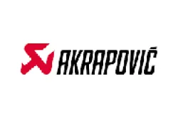 Akrapovič logo featuring a red stylized symbol and bold black text on a white background
