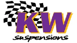 KW Suspensions logo with bold purple letters and a black and white checkered flag in the background.