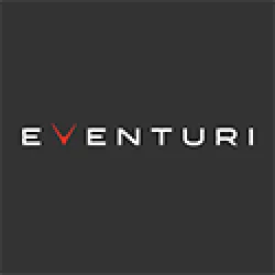 Eventuri logo with white letters and a red V on a dark gray background.
