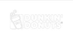 Dunkin' Donuts logo with a stylized coffee cup and bold white text on a black background.