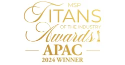 Gold text logo for MSP Titans of the Industry Awards APAC 2024 Winner with elegant script and trophy icon