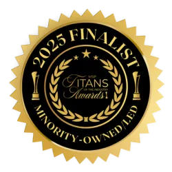 Gold and black 2025 Finalist badge for Minority-Owned/LED MSP Titans of the Industry Awards with laurel wreath