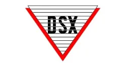 Triangular logo with red border and black DSX letters over horizontal lines on white background.