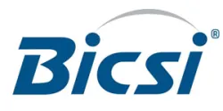 Bicsi logo featuring bold blue text with a curved gray arc above the letters on a white background