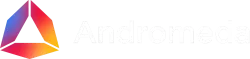 Andromeda logo featuring a triangular gradient icon with blue, purple, red, and yellow colors next to white text on black background