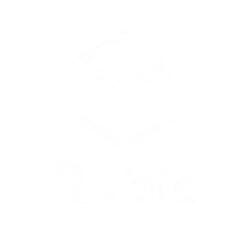 White outline of a cube above the word Rubic on a black background logo.