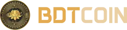 BDTcoin digital cryptocurrency logo with gold coin featuring a lotus and circuit design on black background.