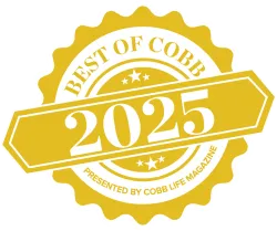 Gold badge with scalloped edges reading Best of Cobb 2025 from Cobb Life Magazine.