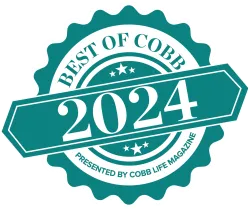 Best of Cobb 2024 award badge presented by Cobb Life Magazine in teal and white colors.