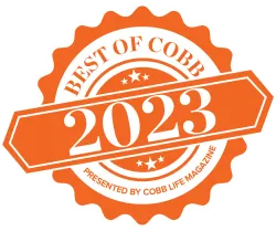 Orange badge with scalloped edges reading Best of Cobb 2023, presented by Cobb Life Magazine