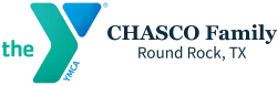 Logo of the YMCA Chasco Family facility in Round Rock, Texas with green and blue icons and text.