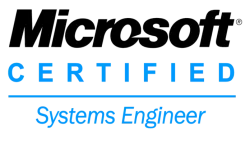 Microsoft Certified Systems Engineer logo with black and blue text on transparent background