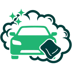 Green car with cleaning cloth and sparkling shine, symbolizing car wash or auto detailing service.
