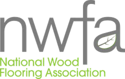 National Wood Flooring Association logo with gray and green text and a leaf inside the letter 'a'
