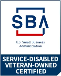 U.S. Small Business Administration logo with Service-Disabled Veteran-Owned Certified text in blue and red