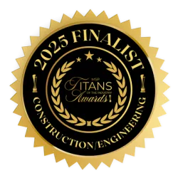 Gold and black circular seal stating 2025 Finalist for Titans of the Industry Awards in Construction and Engineering.