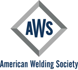 American Welding Society logo with gray diamond shape and blue AWS letters and text below.