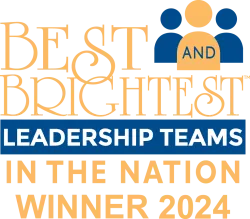 Best and Brightest Leadership Teams in the Nation Winner 2024 award logo with blue and orange text and icons.