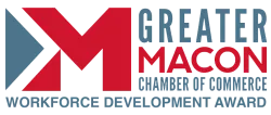Logo of Greater Macon Chamber of Commerce Workforce Development Award with red and blue design elements