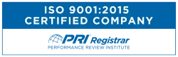 ISO 9001:2015 certified company logo with PRI Registrar Performance Review Institute text.