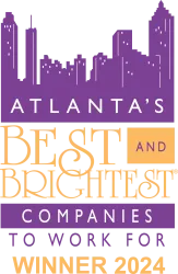 Logo highlighting Atlanta's Best and Brightest Companies to Work For Winner 2024 with city skyline graphic.