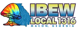 Colorful tie-dye mushroom, blue Georgia outline with fist, and IBEW Local 1316 text for Macon, Georgia union.