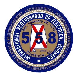 Emblem of International Brotherhood of Electrical Workers Local 558 with Alabama map and established date February 28, 1918.