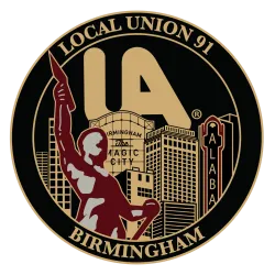 Local Union 91 Birmingham logo featuring a worker statue and city skyline with Magic City signage.
