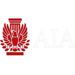 Red eagle with wings spread in front of a pillar next to white AIA text on black background.