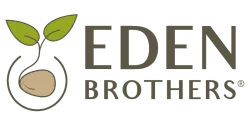 Eden Brothers logo with a sprouting seed illustration and bold text in earthy tones