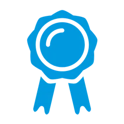 Blue award ribbon icon with circular center and two hanging tails on black background.